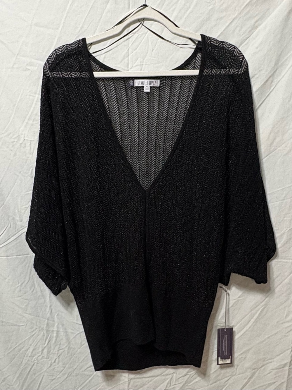 Jennifer Lopez Black Deep V-Neck Open Knit Top with Metallic Threads